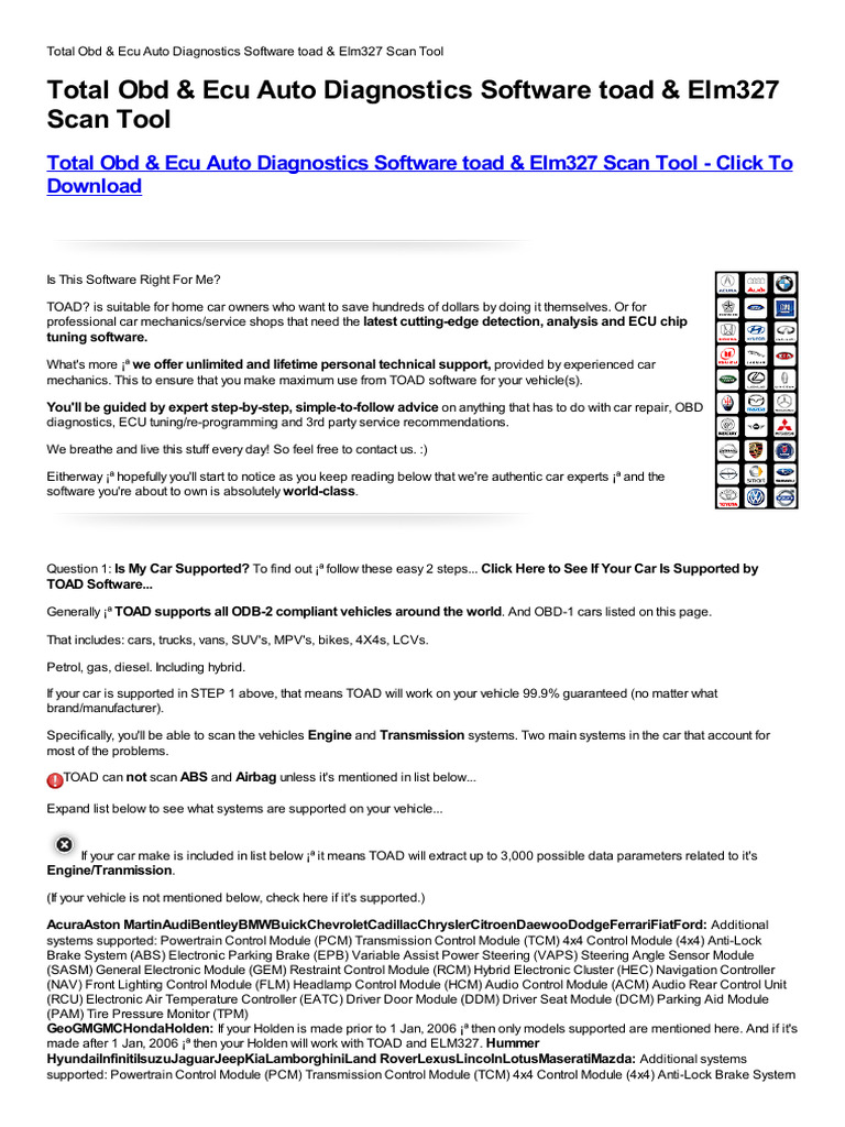 Total Obd Ecu Auto Diagnostics Software Toad Elm327 Scan Tool Full