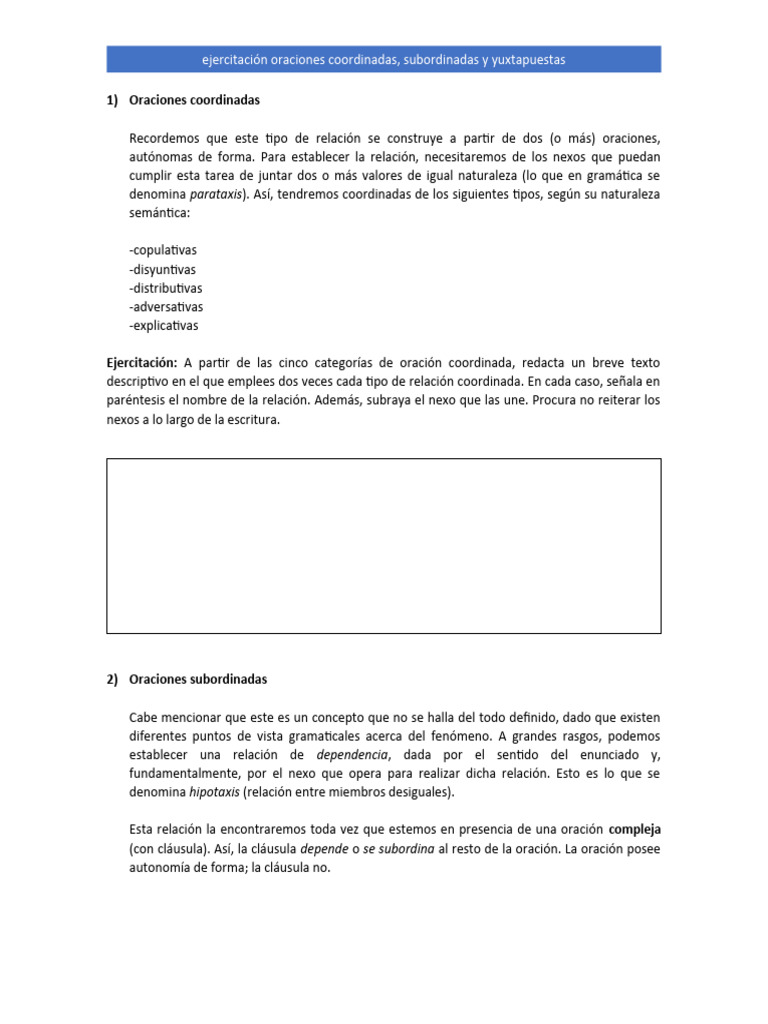 Ejercicios de oraciones coordinadas y yuxtapuestas | PDF | Oración ...