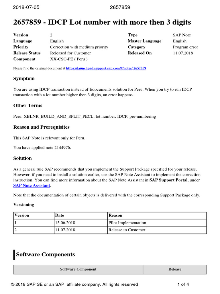 IDCP Lot Number Error in SAP Peru | PDF | Systems Engineering ...