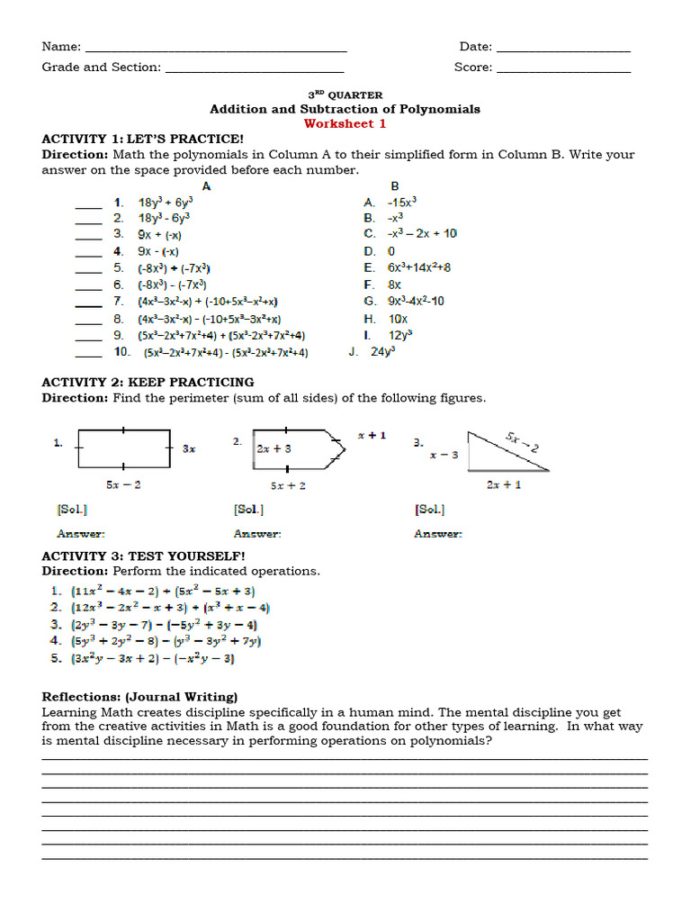 Polynomials Addition & Subtraction Worksheet | PDF