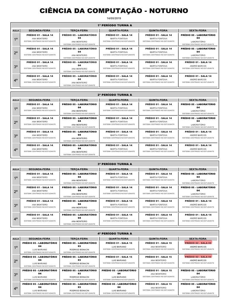 Horário das Aulas de Ciência da Computação | PDF