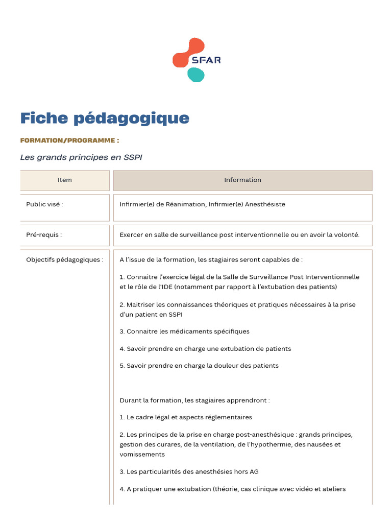 Formation SSPI : Extubation et Prise en Charge | PDF | Anesthésie ...