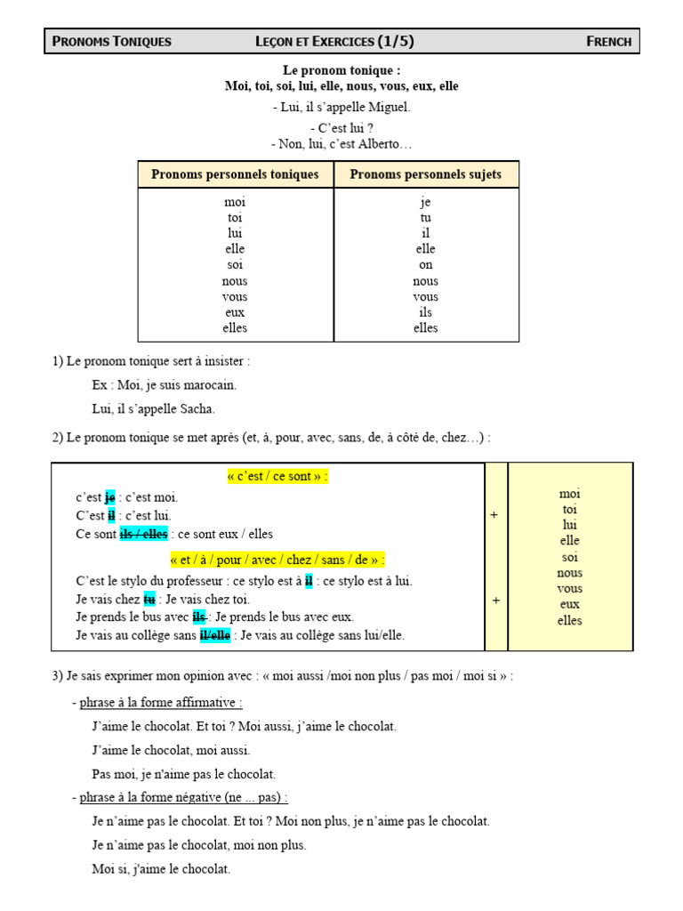 Exercices sur les pronoms toniques | PDF | Arts du langage et discipline
