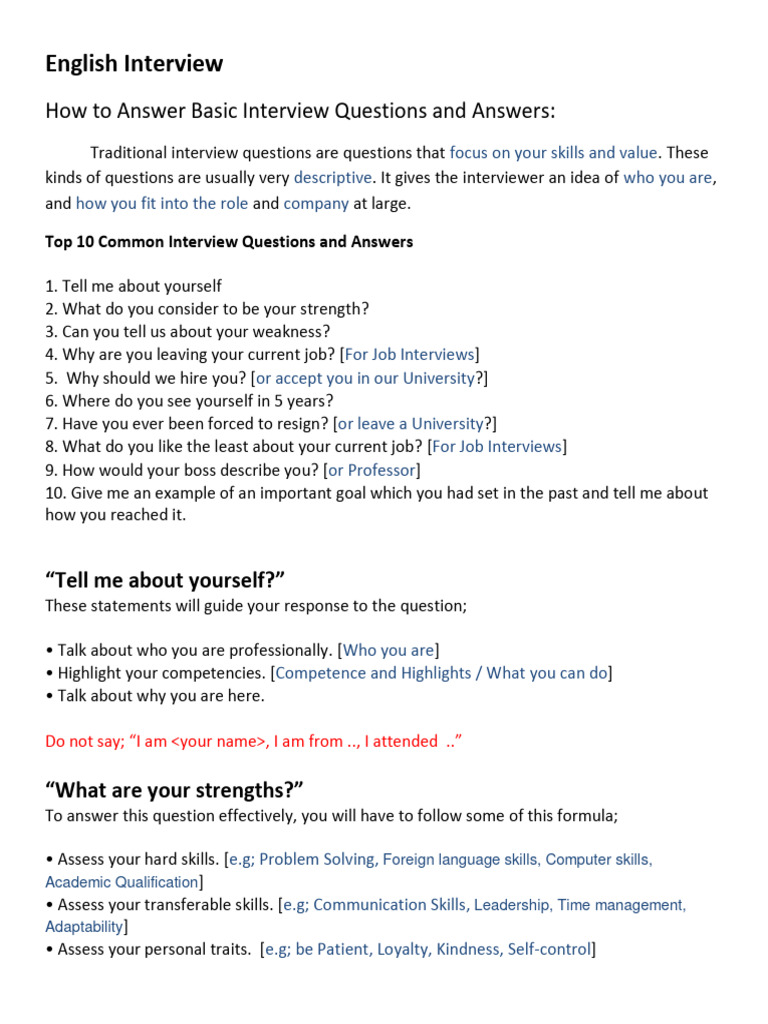 English Interview Traditional Questions ★ | PDF | Job Interview ...