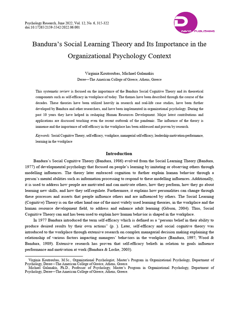 Bandura's Theory in Workplace Psychology | PDF | Self Efficacy | Goal