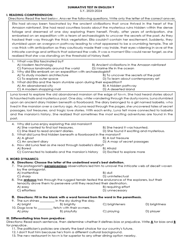 English 9 Summative Test 2023-2024 | PDF | Weather | Bias