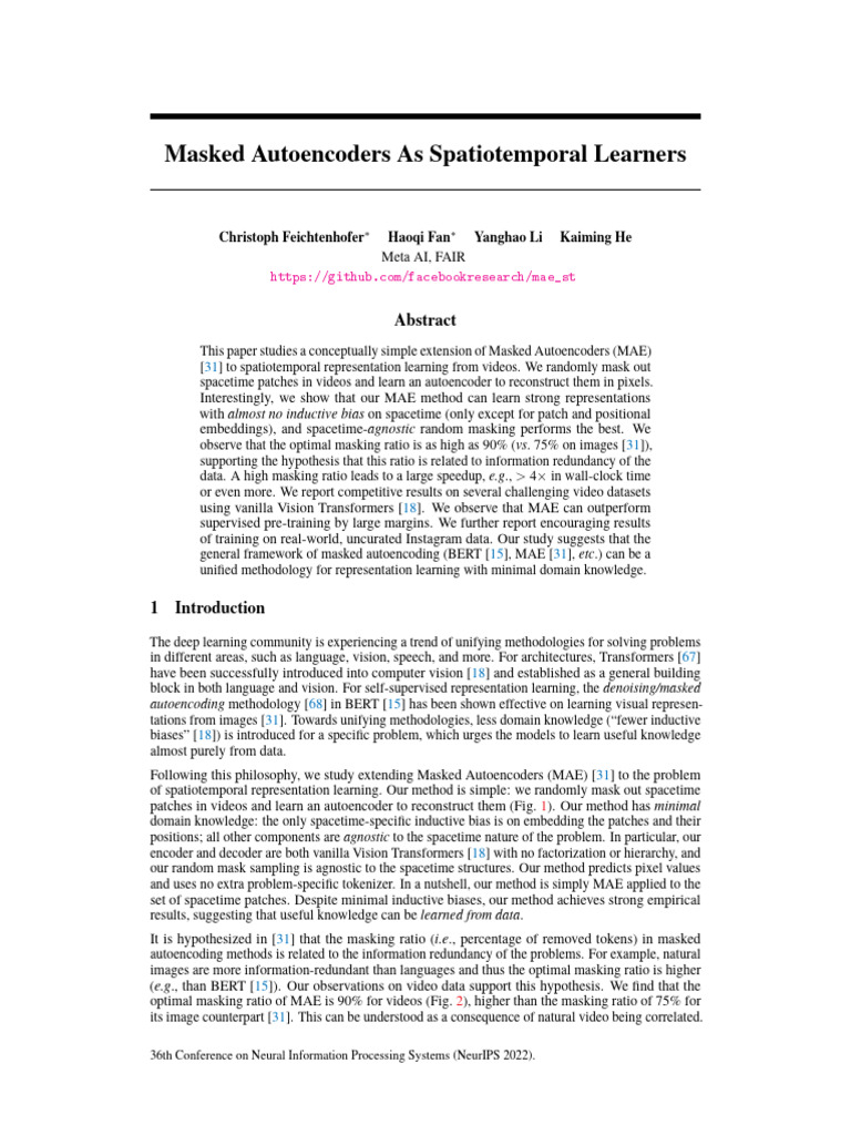 Masked Autoencoders As Spatiotemporal Learners | PDF | Artificial ...