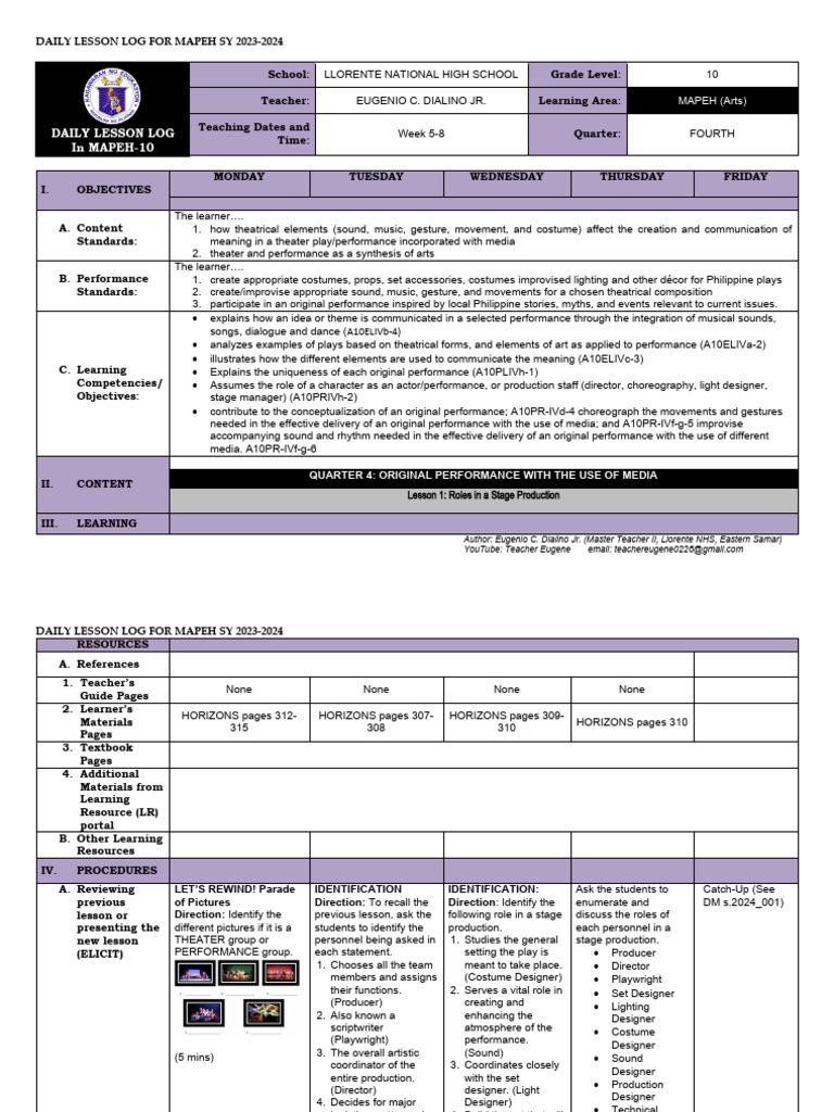 MAPEH 10 Daily Lesson Log: Quarter 4 | PDF | Learning | Human Communication