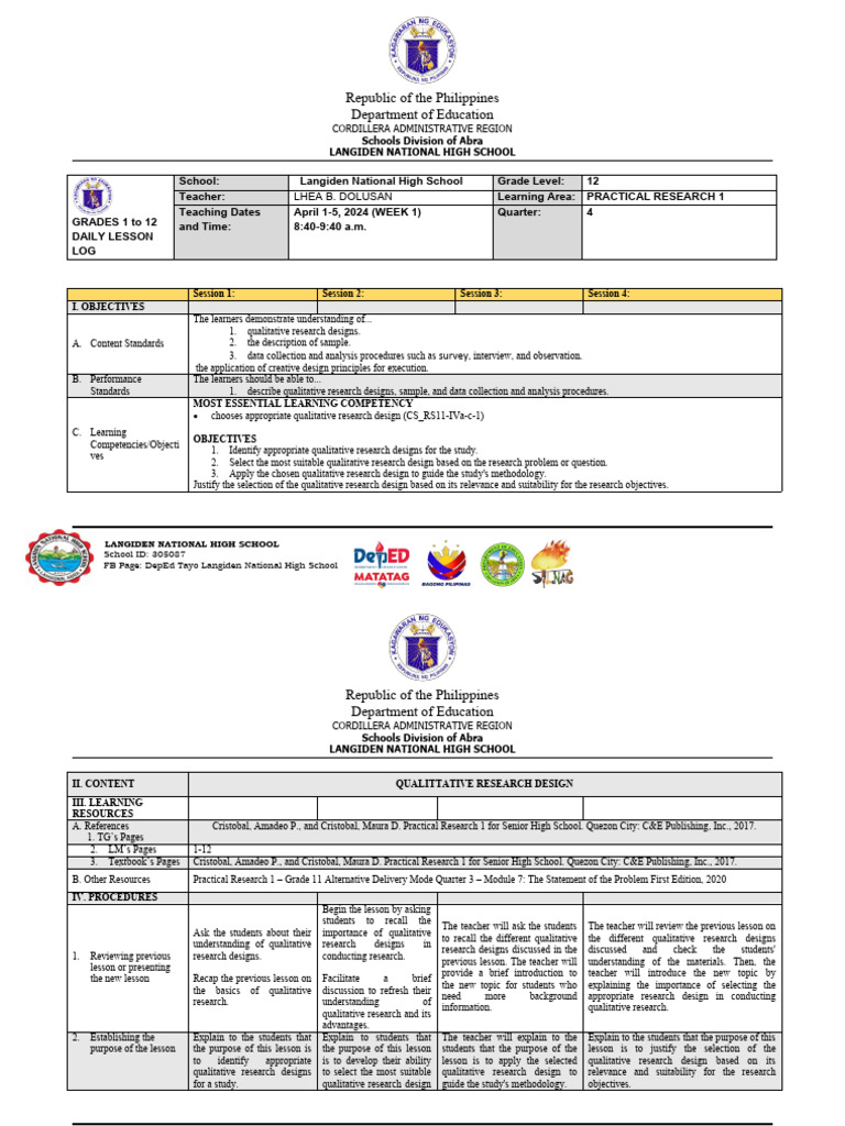 Practical Research 1 Lesson Plan | PDF | Qualitative Research | Methodology