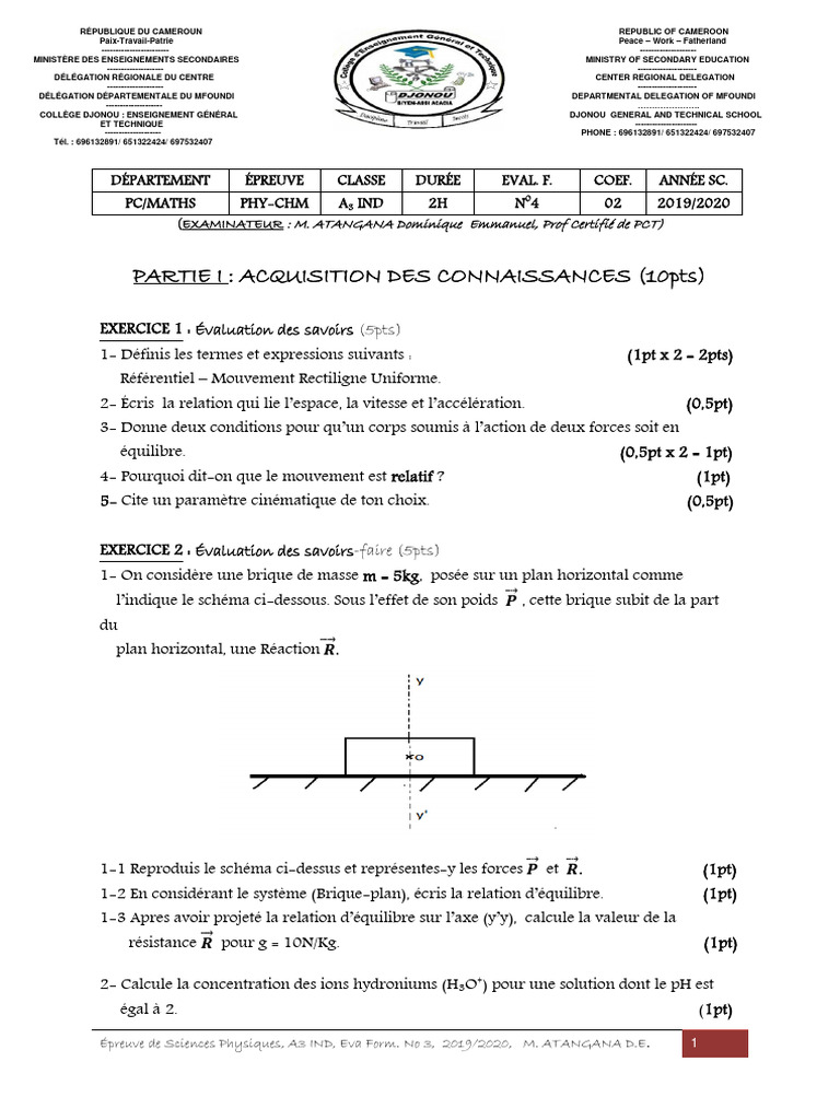 Épreuve de Sciences Physiques A3 IND 2019 | PDF | Accélération ...