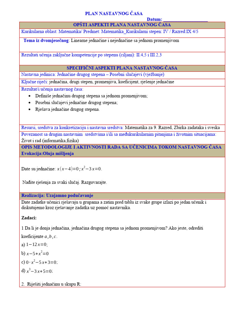 Vježbanje Jednač Drugog Stepena Posebni Slučajevi | PDF