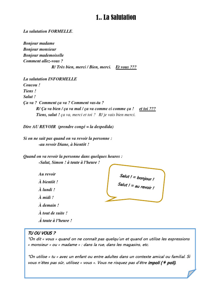 Salutations formelles et informelles en français | PDF | Conventions ...