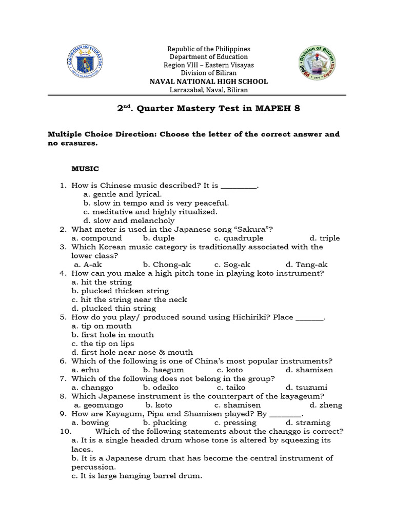 MAPEH 8 Mastery Test: Music, Arts, PE, Health | PDF | Pregnancy | Uterus