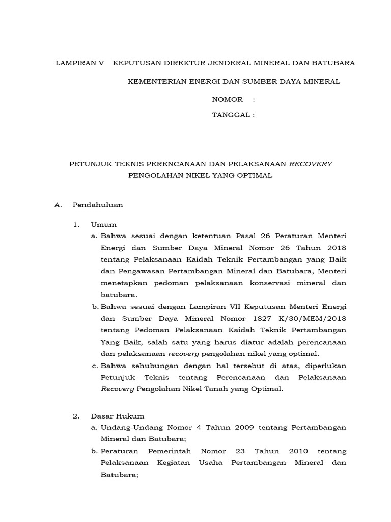 Draf juknis perencanaan dan pelaksanaan recovery pengolahan nikel yang