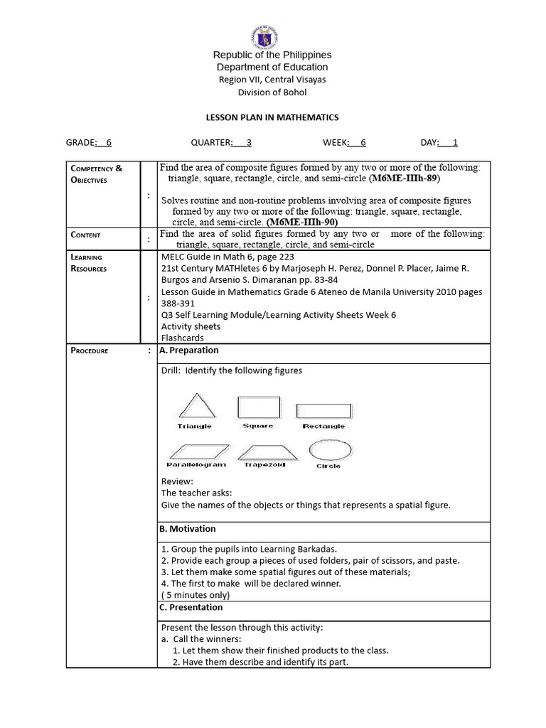 Q3 Prototype Lesson Plan in Math 6 WK 6 Day 1 5 | PDF | Area | Length