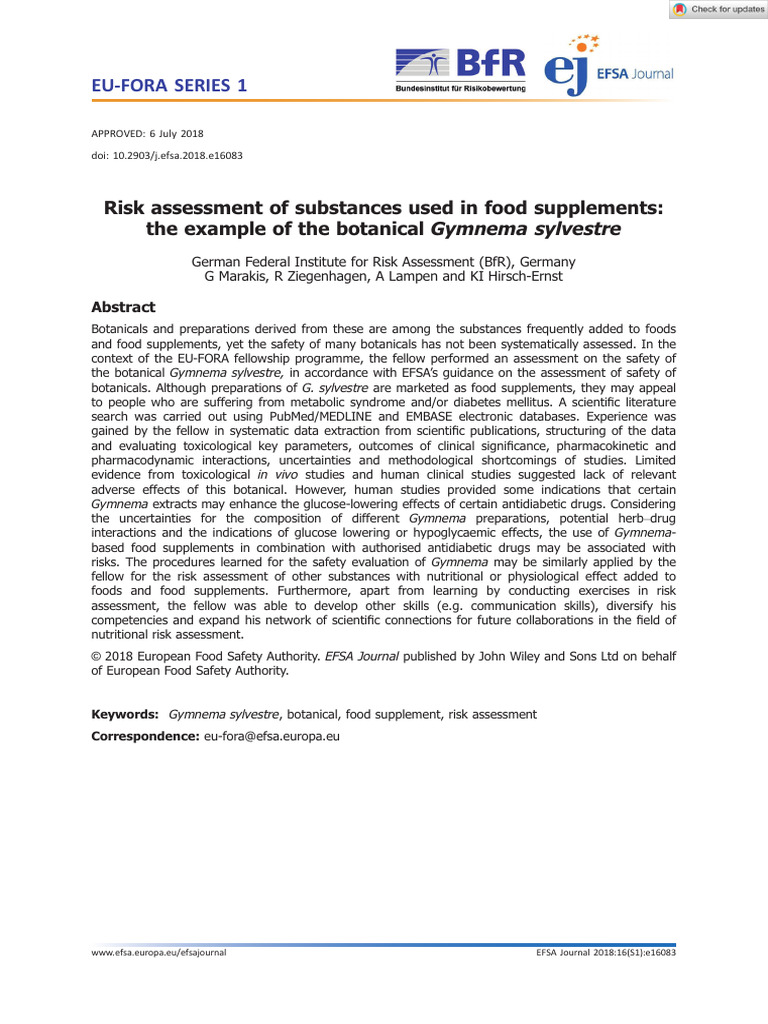 EFSA Journal 2018 Risk Assessment of Substances Used in Food Supplements The Example of The