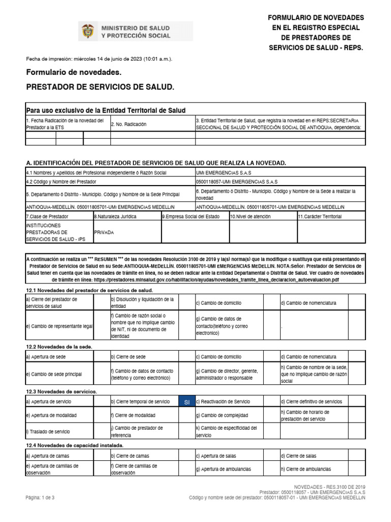 Formulario Novedades REPS 3100 M | PDF
