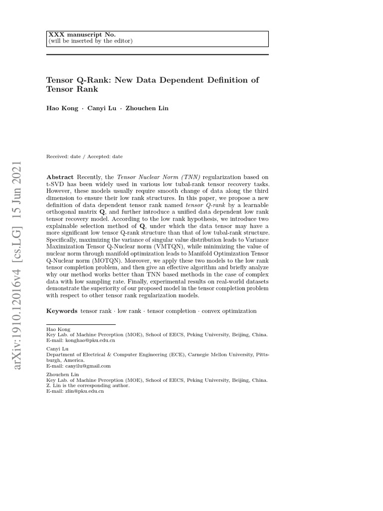 Tensor q rank new data dependent definition of pdf matrix