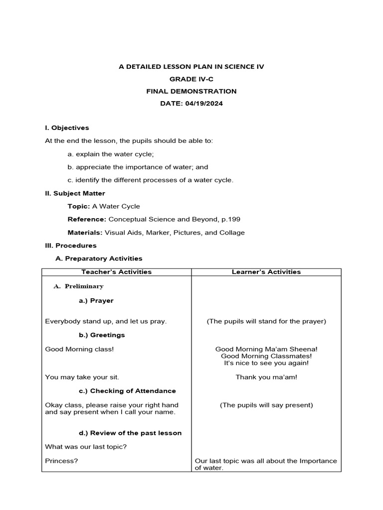 Water Cycle Lesson Plan for Grade IV | PDF | Water | Water Cycle
