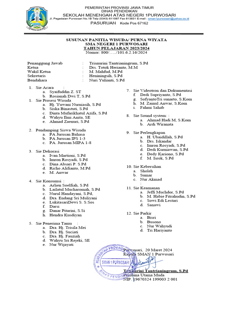 Susunan Panitia Wisuda SMA 2024 | PDF