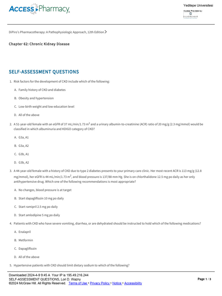 Self-Assessment Questions | PDF | Chronic Kidney Disease | Hypertension