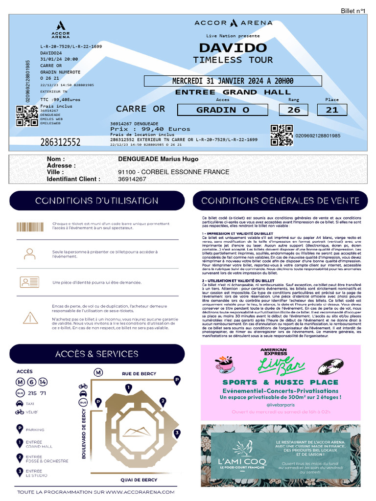 DAVIDO 2x CARRE OR 31012024 20:00:00 ACCOR ARENA 2438217 | PDF