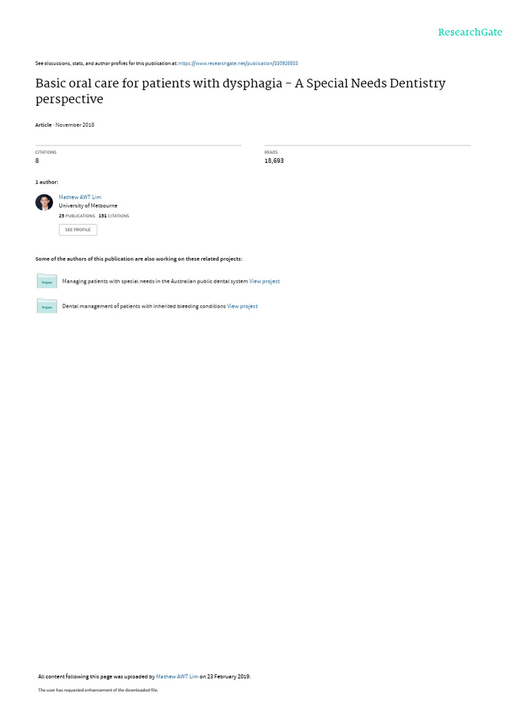 Basic Oral Care For Patients With Dysphagia Download Free PDF Oral