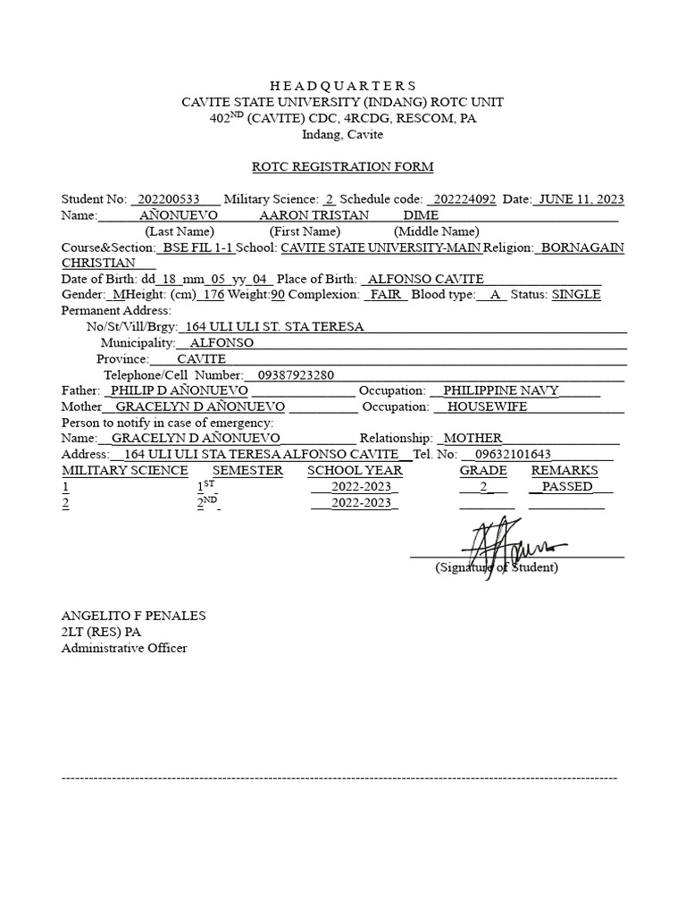 Rotc - Regform | PDF