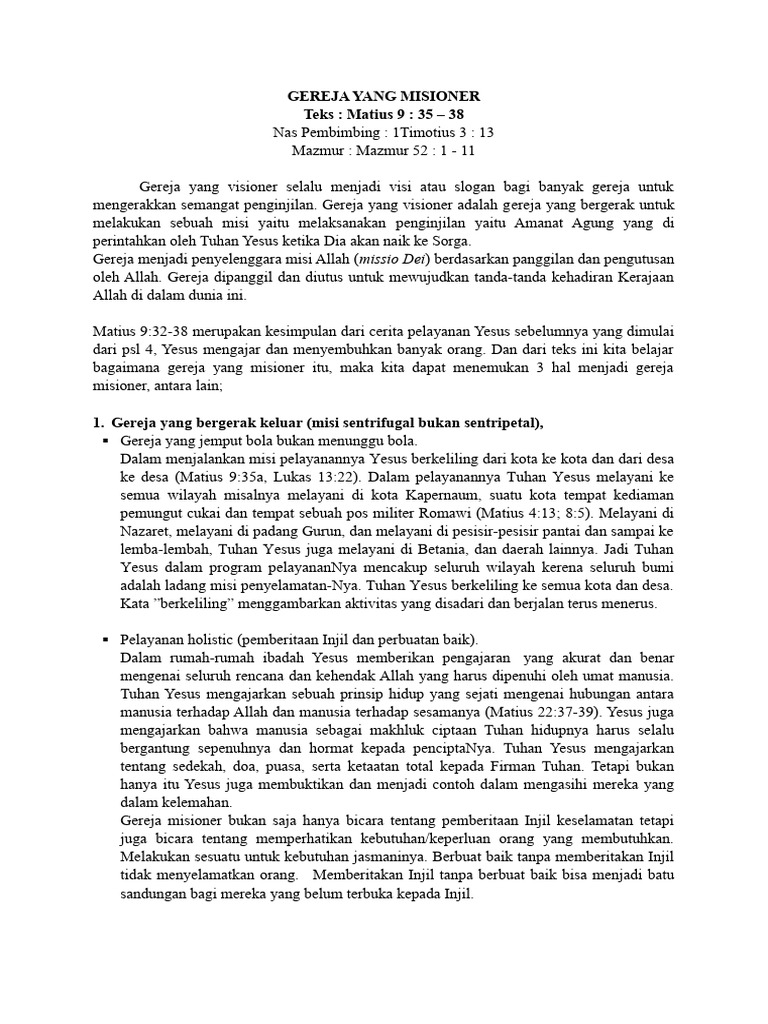 Gereja Misioner Menurut Matius 9:35-38 | PDF