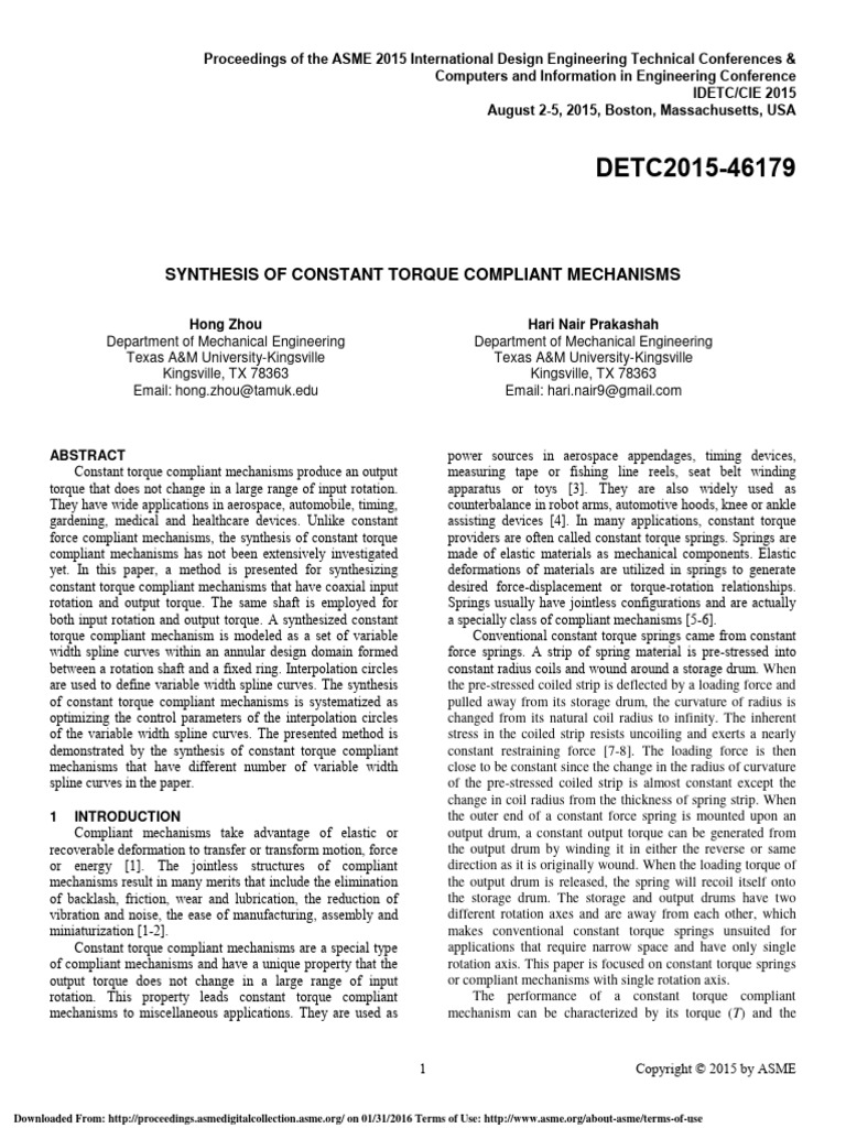 Synthesis Of Constant Torque Compliant Mechanisms Pdf Interpolation