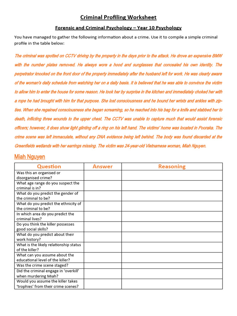 Criminal Profiling Worksheet for Students | PDF | Crime Scene | Crimes