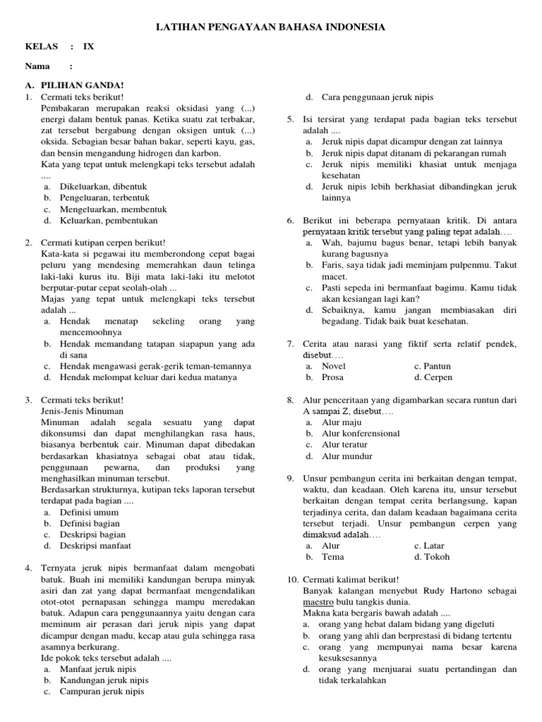 Latihan Bahasa Indonesia Kelas IX | PDF