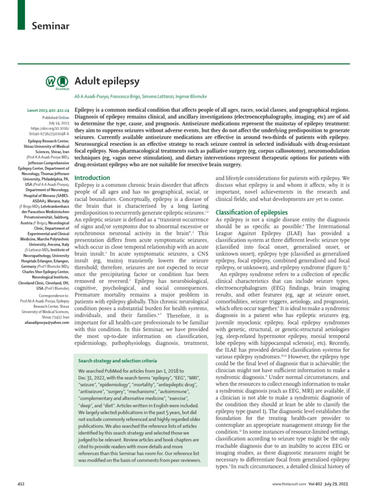Adult Epilepsy: Diagnosis and Treatment | PDF | Epilepsy | Medical ...