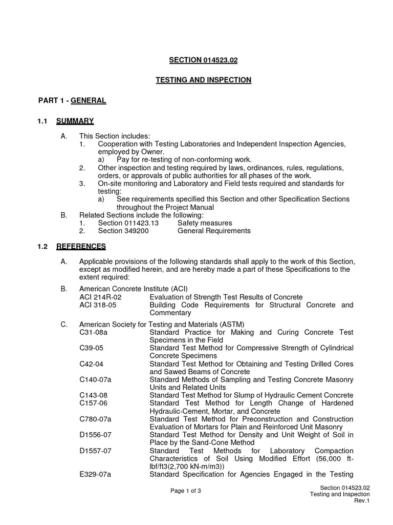 Section 014523.02 Testing and Inspection - Rev1 | PDF | Concrete ...