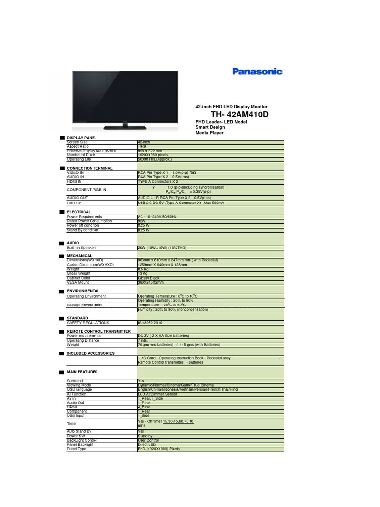 42-Inch FHD LED Monitor Specifications | PDF | Hdmi | Backlight