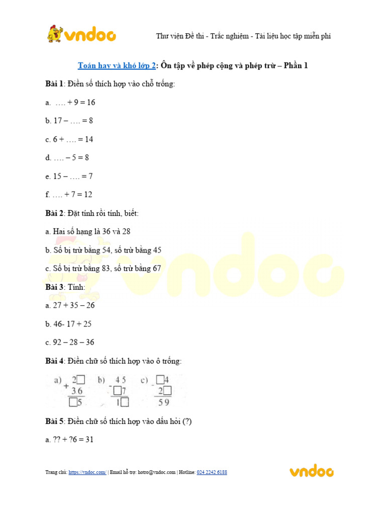 Toan Hay Va Kho Lop 2 on Tap Ve Phep Cong Va Phep Tru Phan 1 | PDF