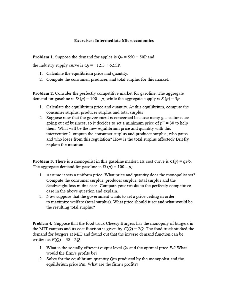 Microeconomics Exercises: Market Equilibrium | PDF | Economic Surplus ...