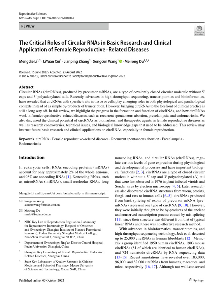 Circular RNAs in Female Reproductive Diseases | PDF | Rna Splicing ...