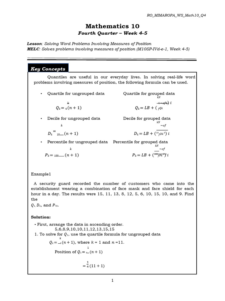 Math10WS Q4 Week4-5-Digital | PDF | Quantile | Mathematics