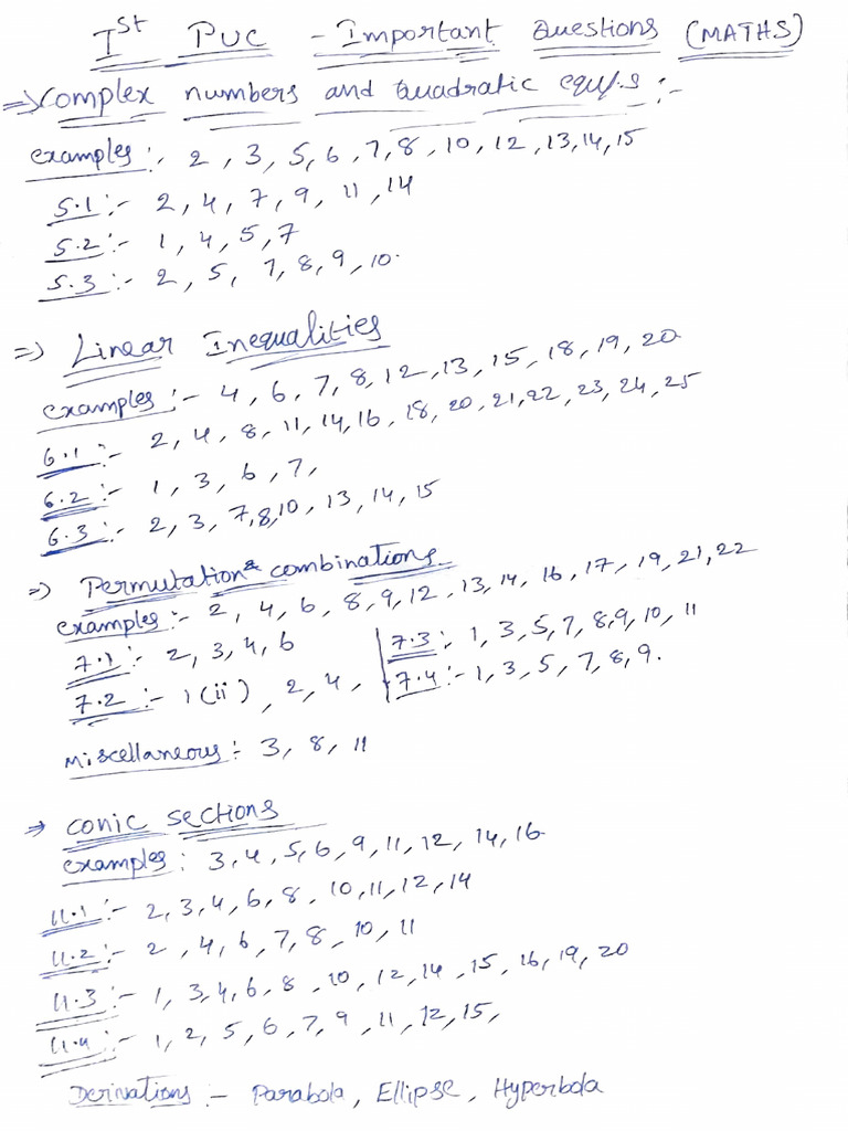 2nd Puc Maths Important Questions Chapter Wise With Answers Pdf