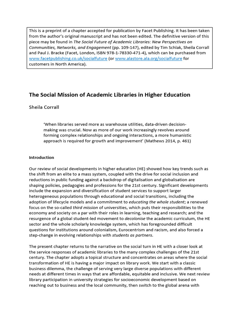 Social Mission of Academic Libraries | PDF | Libraries | Entrepreneurship
