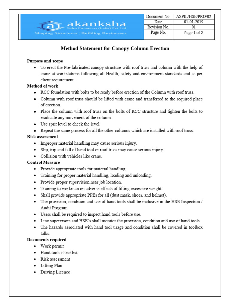 Canopy Column Erection Method Statement | PDF | Personal Protective ...