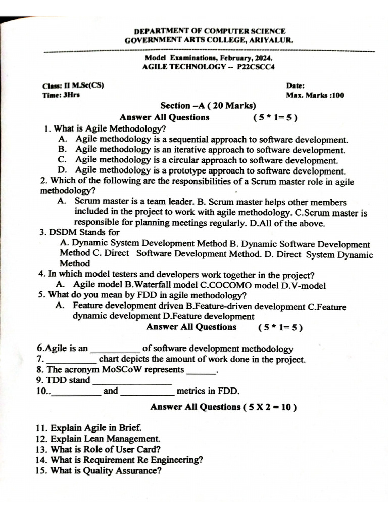Agile Model Exam Questions Paper | PDF