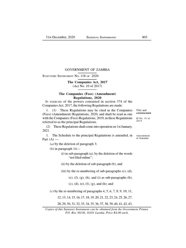 Zambia Companies Fees Amendment 2020 | PDF | Statutory Law | Justice