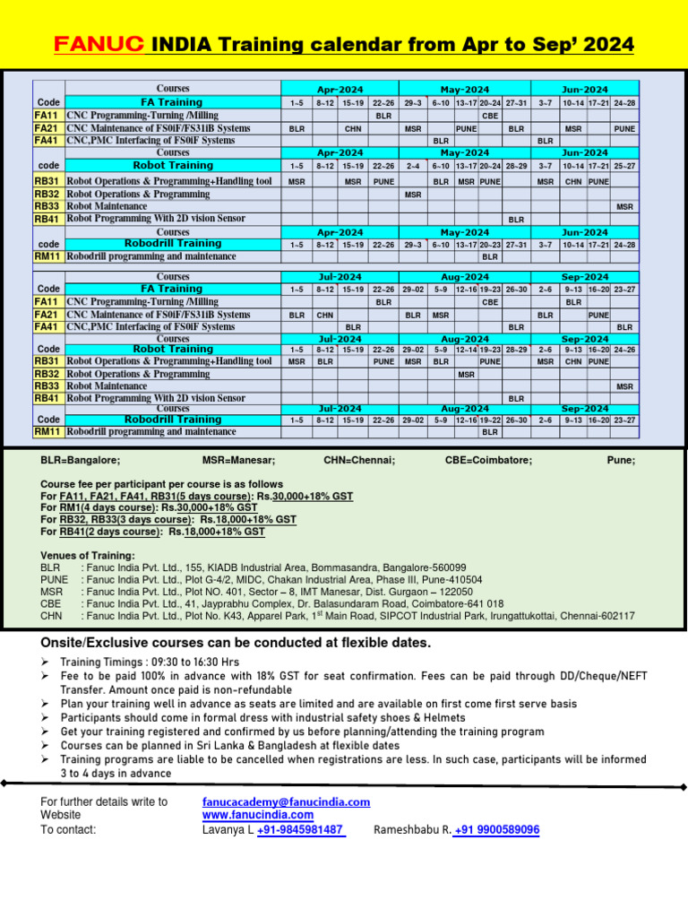 FANUCIndiaTrainingcalendarAprtoSep2024 PDF Numerical Control