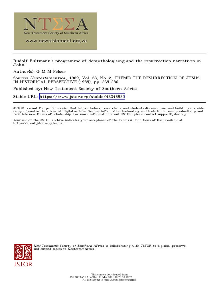 Rudolf Bultmann's Programme of Demythologising and The Resurrection ...