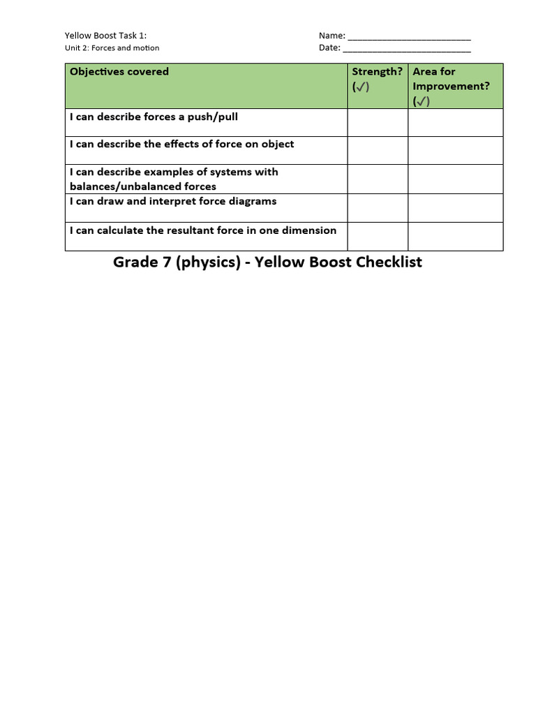 Yellow boost pmt checklist g7 physics unit 2 forces and motion pdf