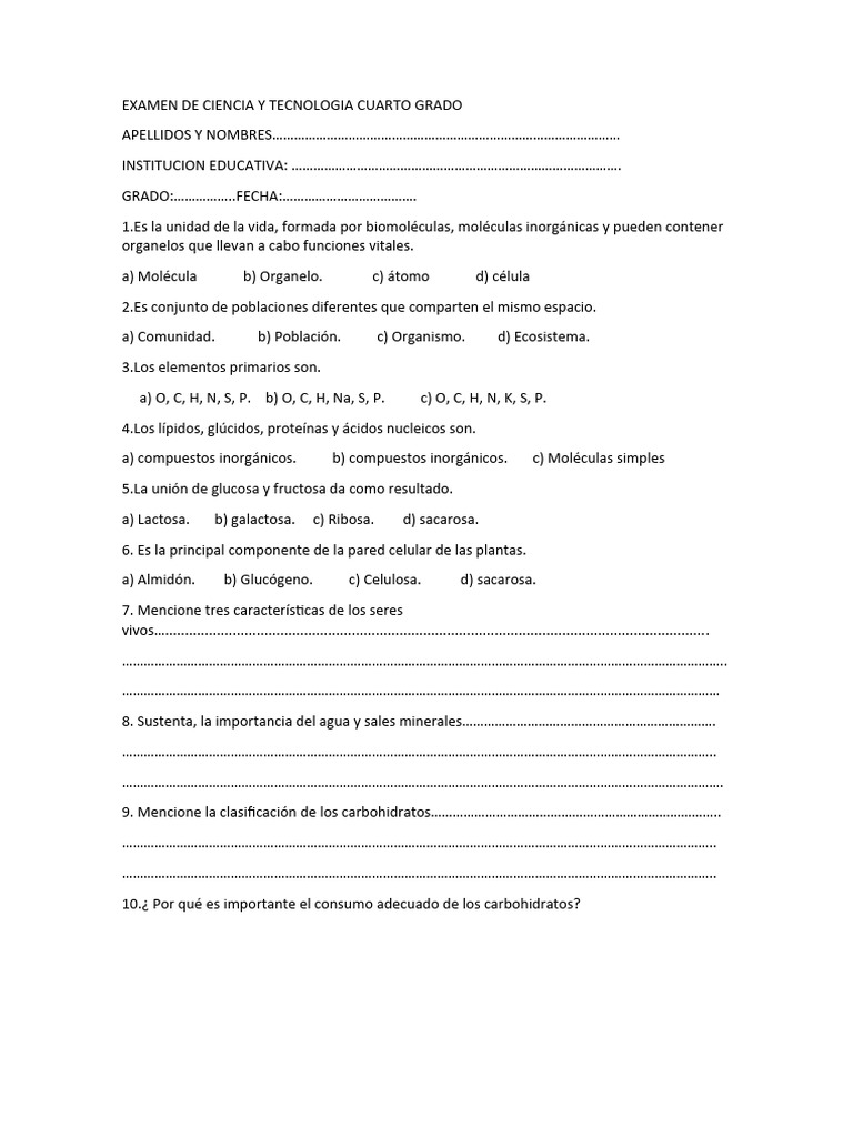 Examen de Ciencia y Tecnologia Cuarto Grado | PDF
