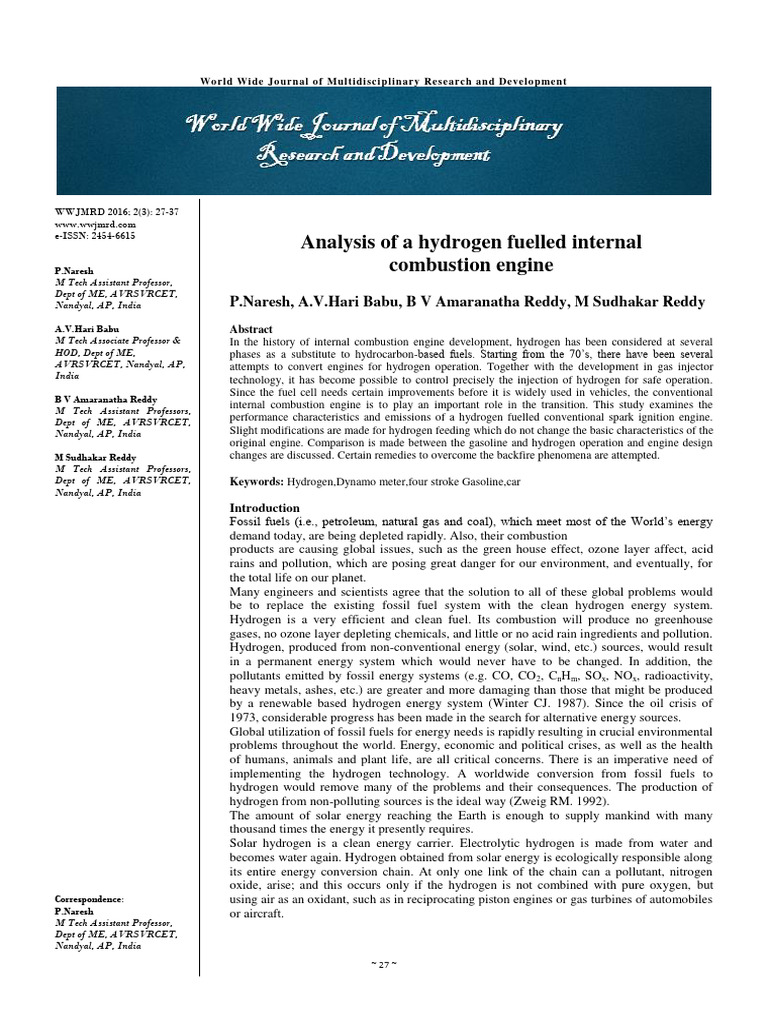 Hydrogen Fuel in Internal Combustion Engines | PDF | Internal ...