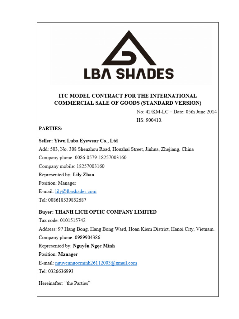 International Eyewear Trade Contract | PDF | Arbitration | Breach Of ...
